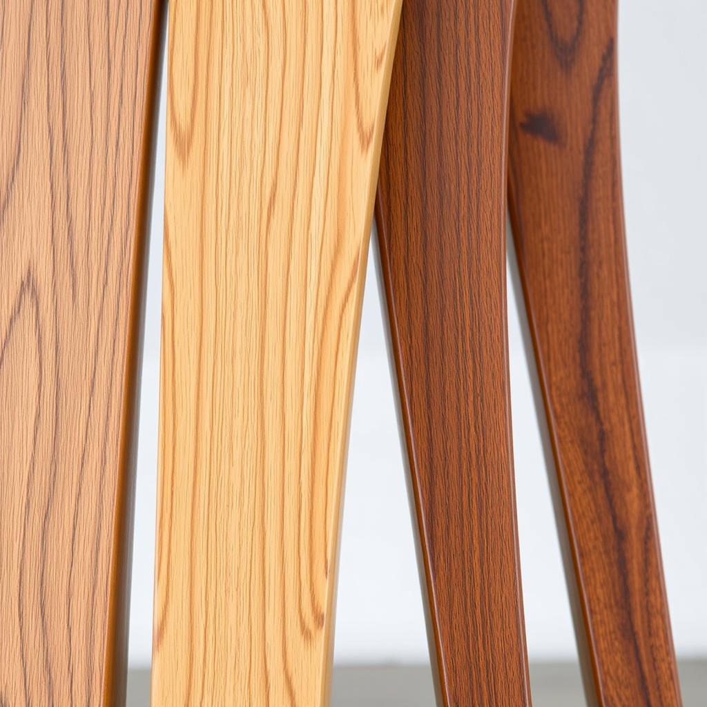 Close-up van verschillende houtsoorten gebruikt voor klassieke eetkamerstoelen Close-up van verschillende houtsoorten gebruikt voor klassieke eetkamerstoelen