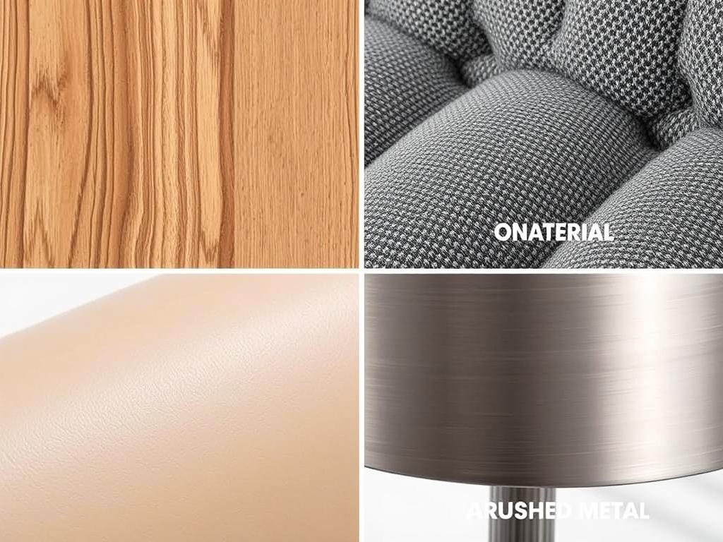 Close-up van verschillende materialen voor eetkamerstoelen: hout, stof, kunstleer en metaal Close-up van verschillende materialen voor eetkamerstoelen: hout, stof, kunstleer en metaal