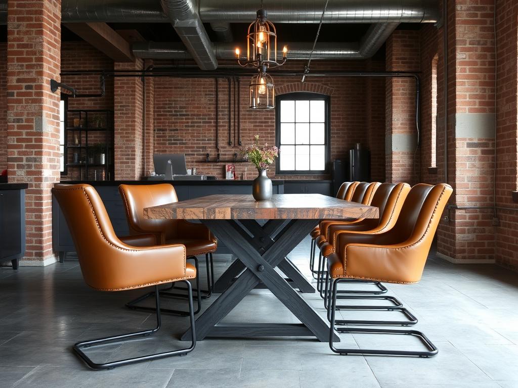 Cognac kunstleren eetkamerstoelen met een industriële tafel in een loft-achtige ruimte
