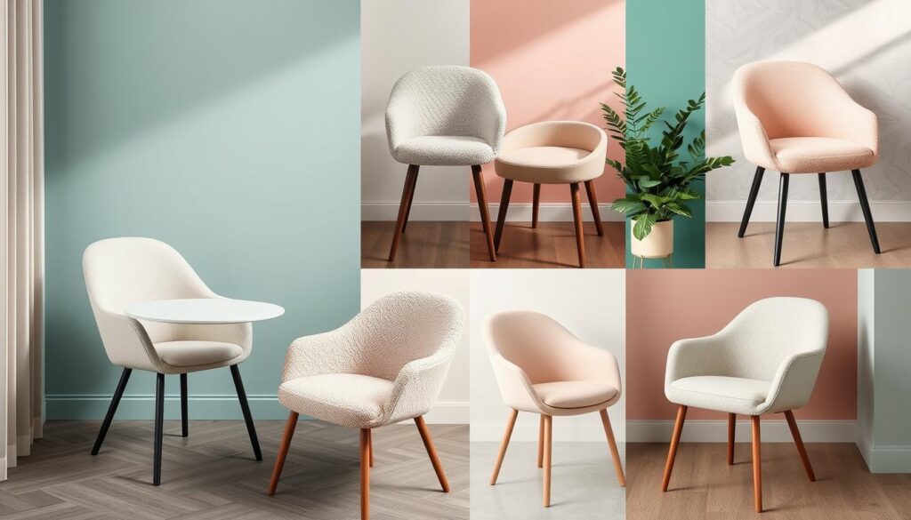Collage van trendy zachte eetkamerstoelen in verschillende stijlen en kleuren