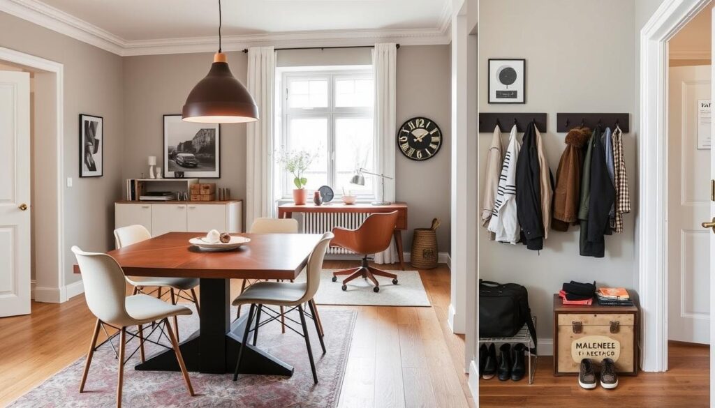 Collage van verschillende ruimtes in huis: eetkamer, thuiskantoor en hal Collage van verschillende ruimtes in huis: eetkamer, thuiskantoor en hal