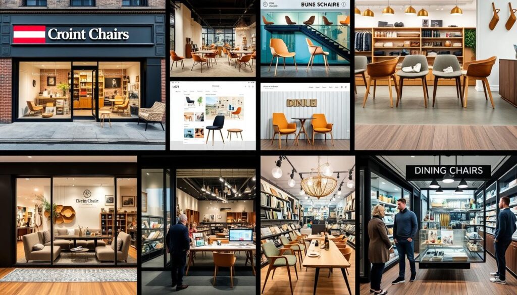 Collage van verschillende winkels waar je een set 4 eetkamerstoelen kunt kopen Collage van verschillende winkels waar je een set 4 eetkamerstoelen kunt kopen