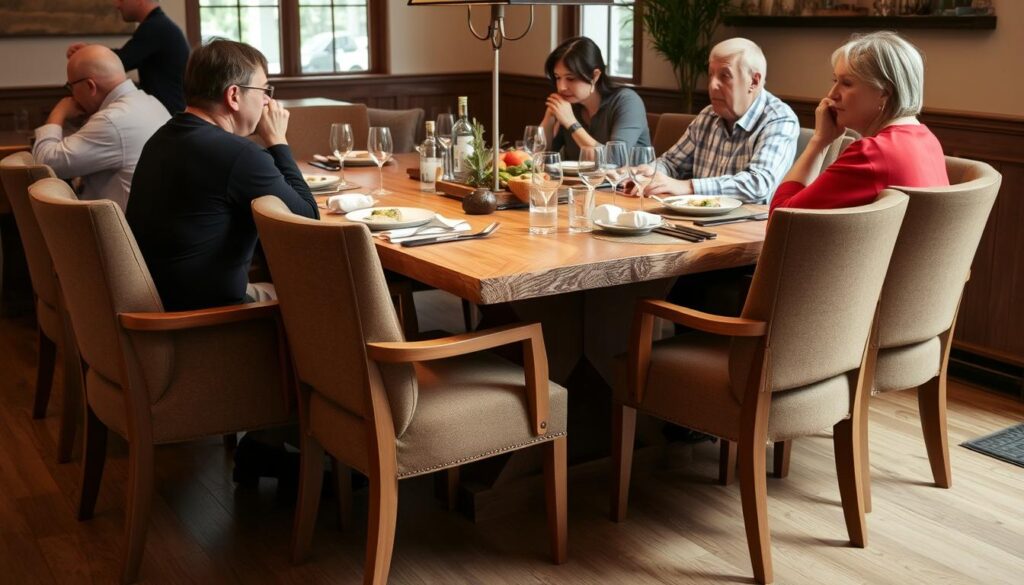 Comfortabele eetkamerstoelen met armleuningen rond een boomstamtafel tijdens een diner