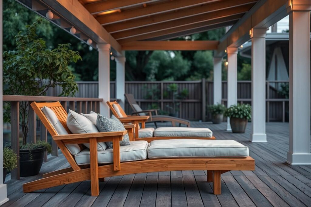 Comfortabele teakhouten loungestoel met kussens op een overdekt terras Comfortabele teakhouten loungestoel met kussens op een overdekt terras