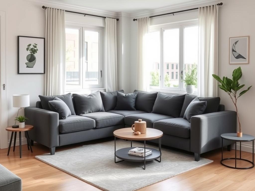 Compacte hoekbank in kleine woonkamer Compacte hoekbank in kleine woonkamer