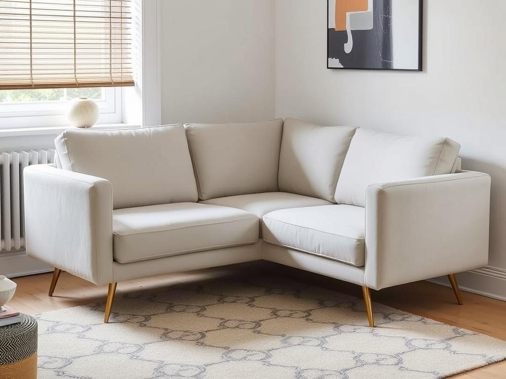 Compacte hoekbank op slanke pootjes perfect voor een kleine woonkamer Compacte hoekbank op slanke pootjes perfect voor een kleine woonkamer
