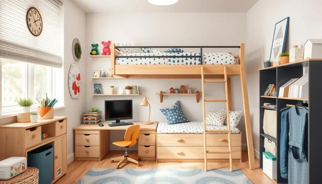 Compacte kinderkamer met slimme ruimtebesparende oplossingen Compacte kinderkamer met slimme ruimtebesparende oplossingen