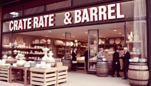 De eerste Crate and Barrel winkel in Chicago, waar producten werden uitgestald op kratten en vaten