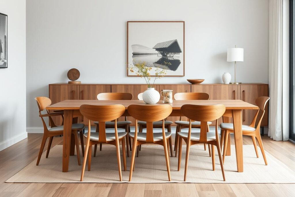 Deens design eetkamerstoelen rond een eettafel in een modern interieur Deens design eetkamerstoelen rond een eettafel in een modern interieur