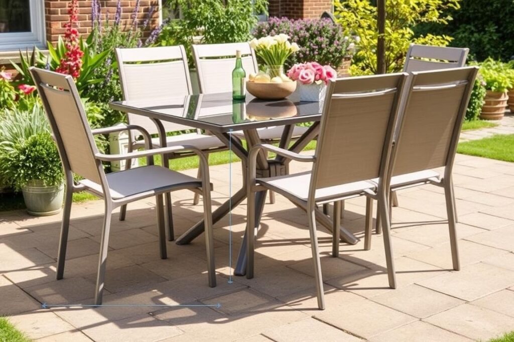 Dining tuinstoelen rond een tuintafel die de standaard tuinstoel breedte tonen Dining tuinstoelen rond een tuintafel die de standaard tuinstoel breedte tonen