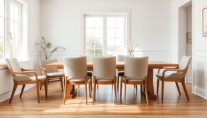 Diverse eetkamerstoelen hout met stof in een moderne eetkamer setting