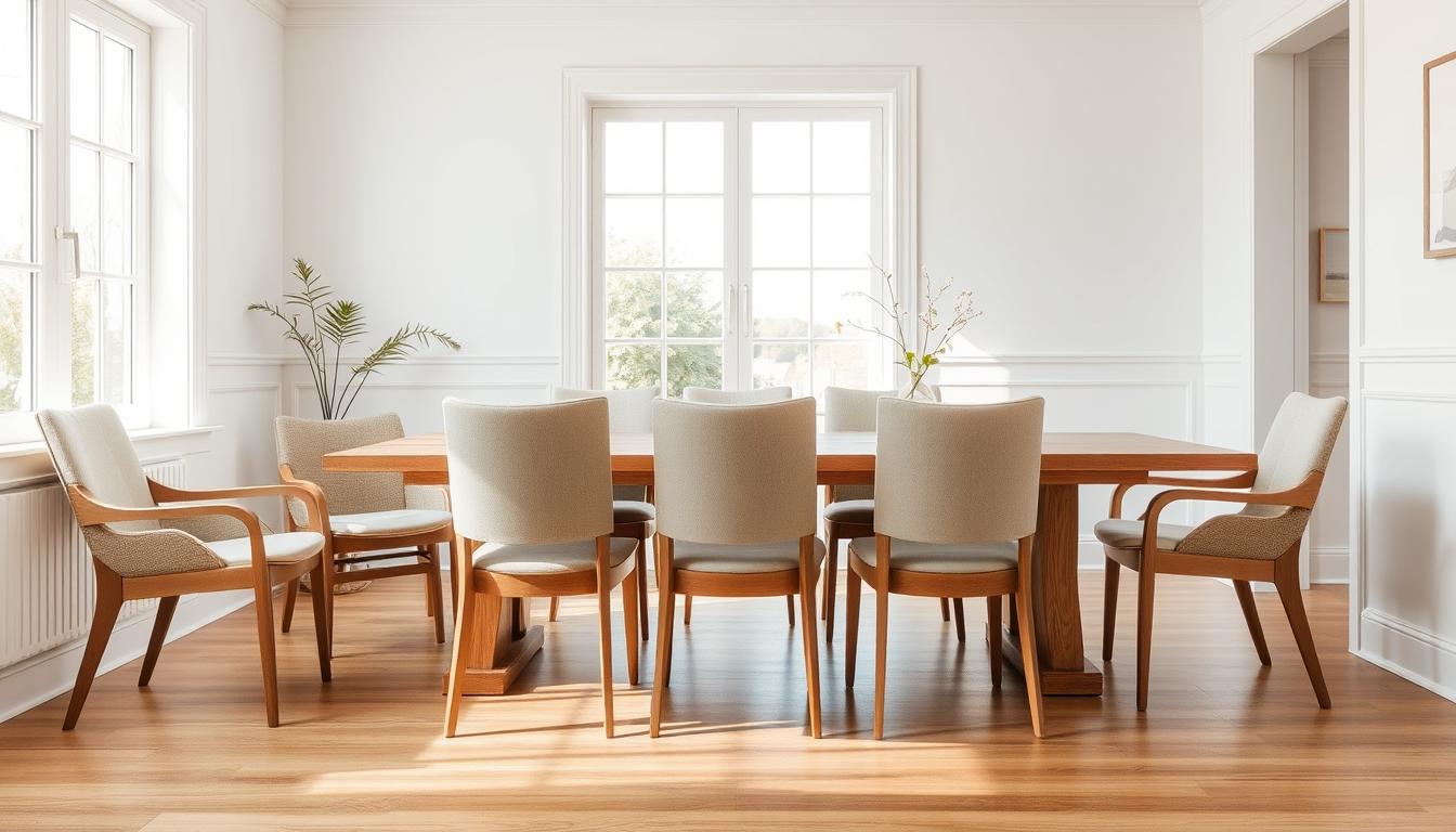 Diverse eetkamerstoelen hout met stof in een moderne eetkamer setting