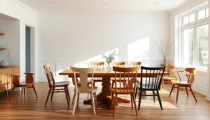 Diverse houten stoelen eetkamer in een lichte, moderne eetkamer