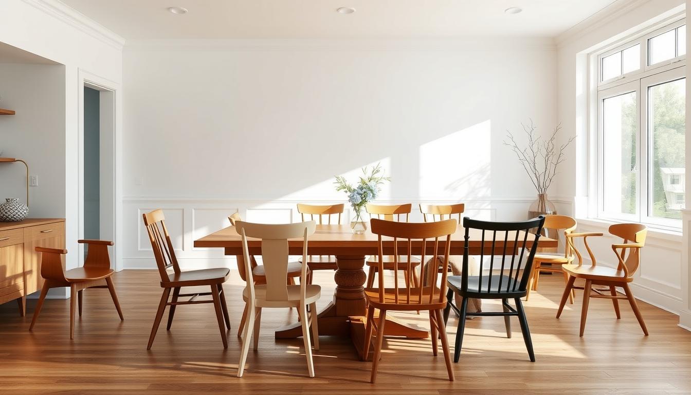 Diverse houten stoelen eetkamer in een lichte, moderne eetkamer