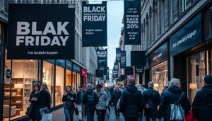 Drukke Nederlandse winkelstraat tijdens Black Friday met meubels kopen advertenties