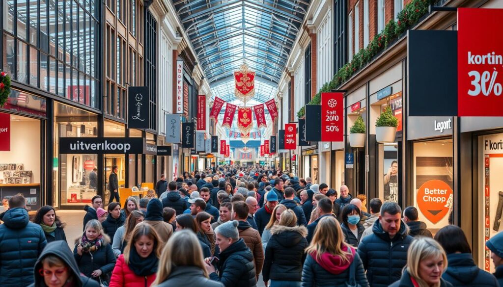 Drukke woonboulevard tijdens een uitverkoop op Tweede Kerstdag