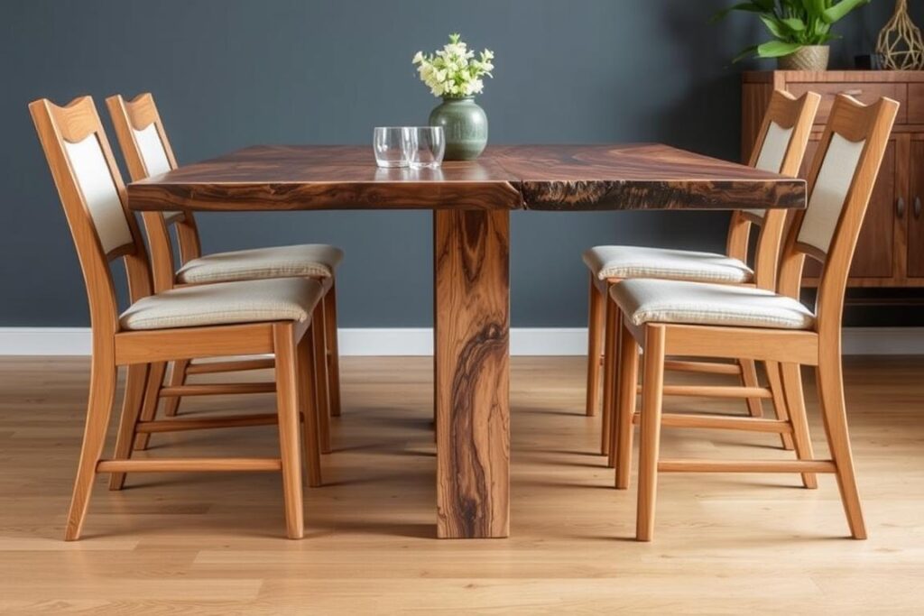 Duurzame houten eetkamerstoelen met stoffen bekleding bij een boomstamtafel