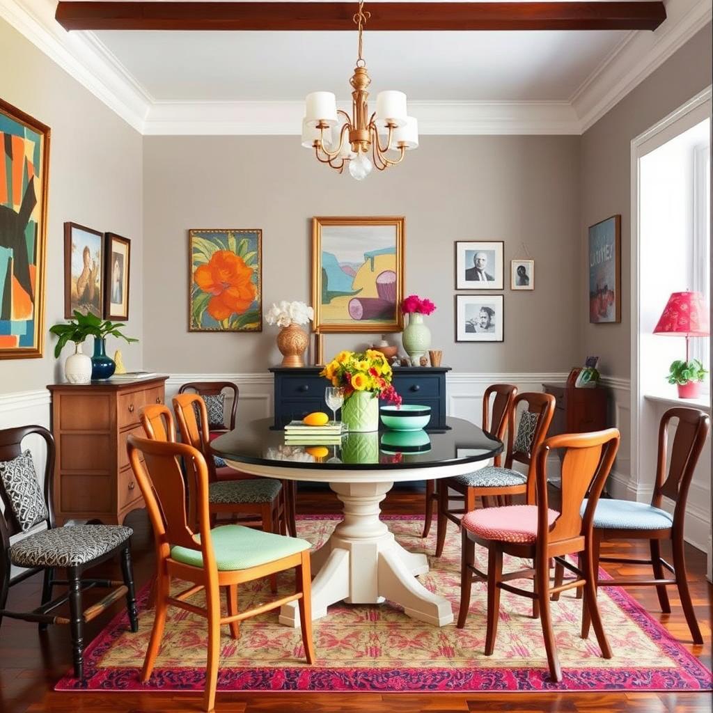 Eclectische eetkamer met mix van houten stoelen met stoffen zitting Eclectische eetkamer met mix van houten stoelen met stoffen zitting
