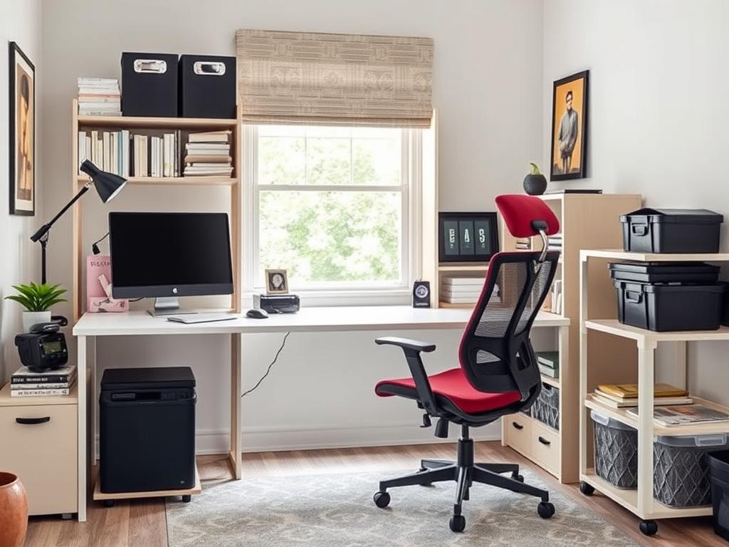 Een functionele thuiswerkplek met bureau, stoel en accessoires waarvan de kosten worden besproken Een functionele thuiswerkplek met bureau, stoel en accessoires waarvan de kosten worden besproken