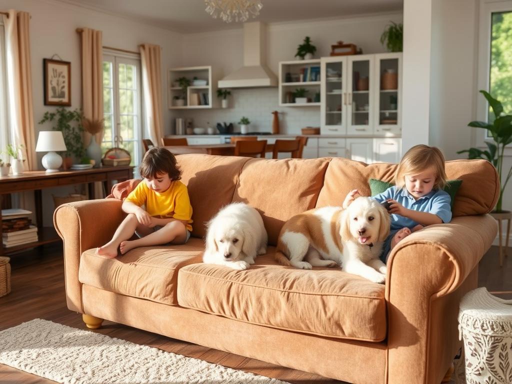 Een gezin met kinderen en huisdieren die intensief gebruik maken van meubels in een woonkamer Een gezin met kinderen en huisdieren die intensief gebruik maken van meubels in een woonkamer