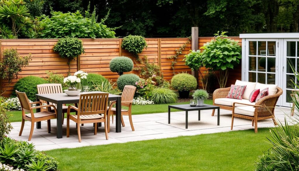 Een harmonieus ingerichte tuin met tuinstoelen van verschillende breedtes die perfect in de ruimte passen Een harmonieus ingerichte tuin met tuinstoelen van verschillende breedtes die perfect in de ruimte passen