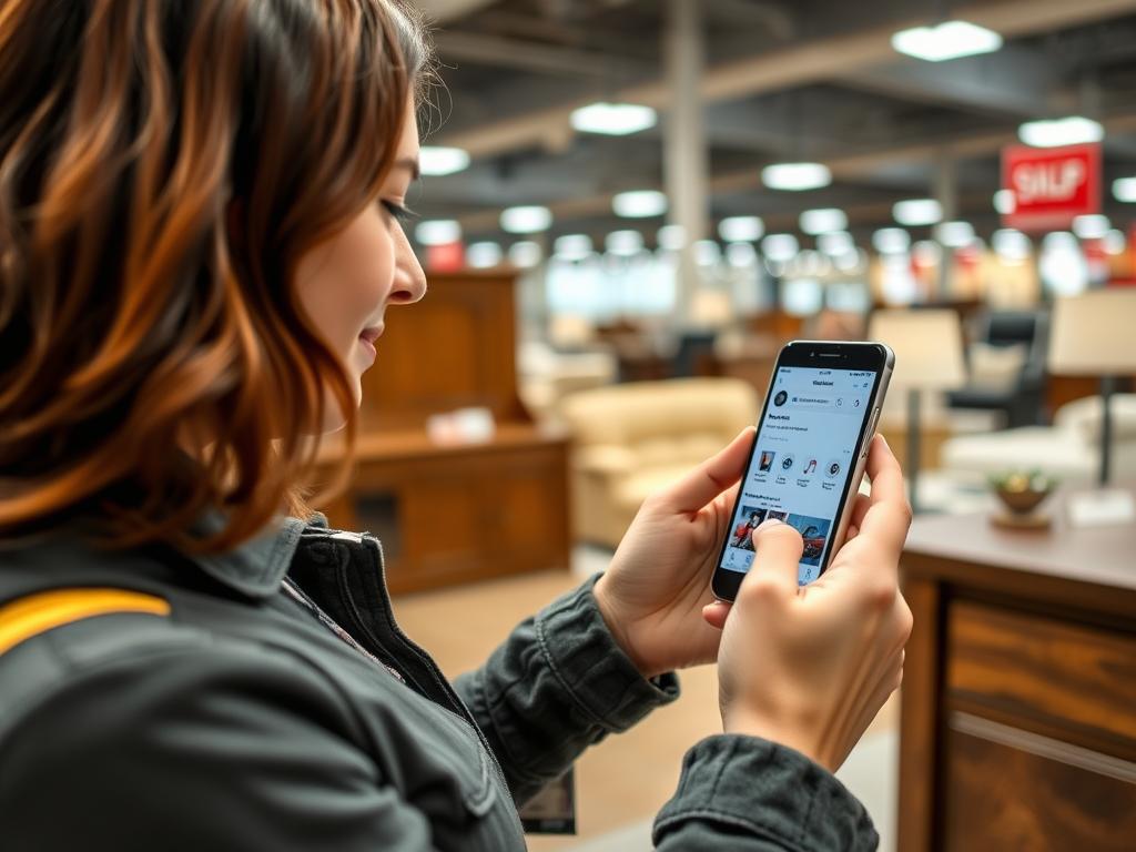 Een klant die online prijzen vergelijkt op smartphone terwijl hij in een meubelwinkel staat Een klant die online prijzen vergelijkt op smartphone terwijl hij in een meubelwinkel staat