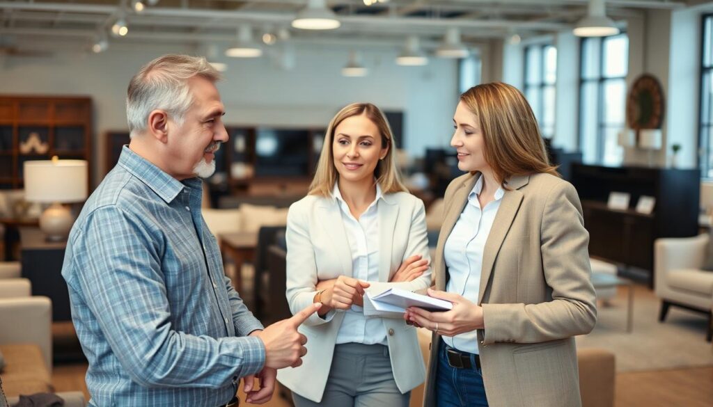Een klant die succesvol onderhandelt met een meubelverkoper over korting op meubels Een klant die succesvol onderhandelt met een meubelverkoper over korting op meubels