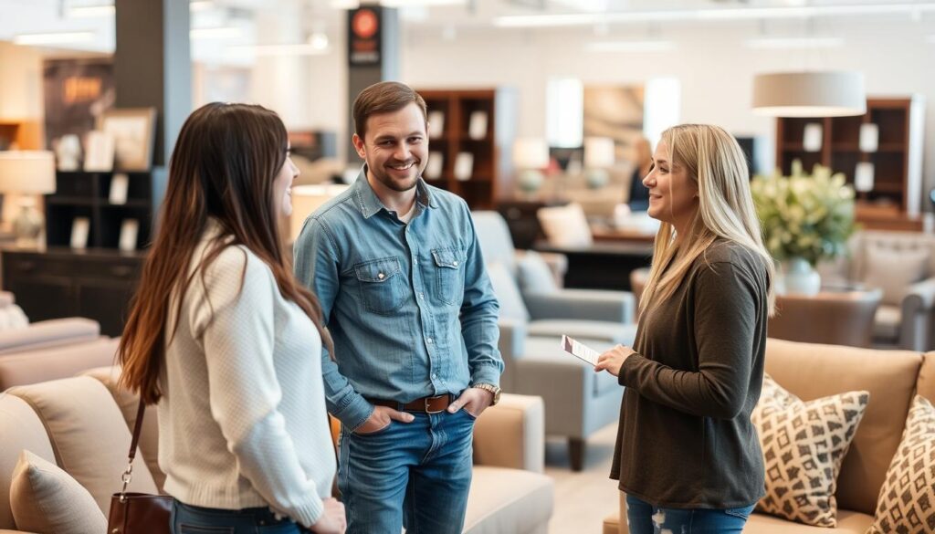 Een klant en verkoper in gesprek over korting op een bank in een meubelwinkel Een klant en verkoper in gesprek over korting op een bank in een meubelwinkel