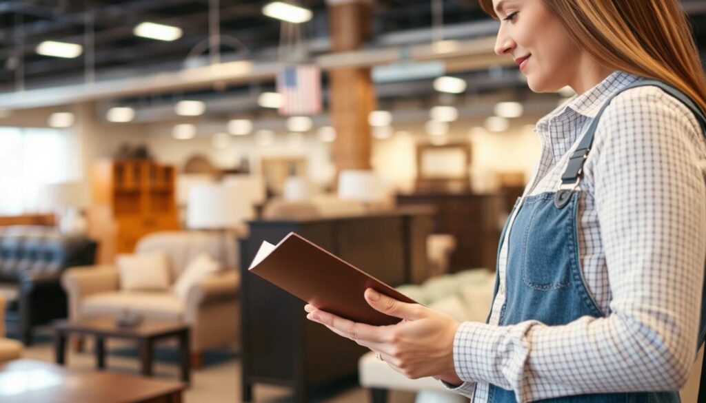Een klant met een onderhandelingschecklist in een meubelwinkel Een klant met een onderhandelingschecklist in een meubelwinkel