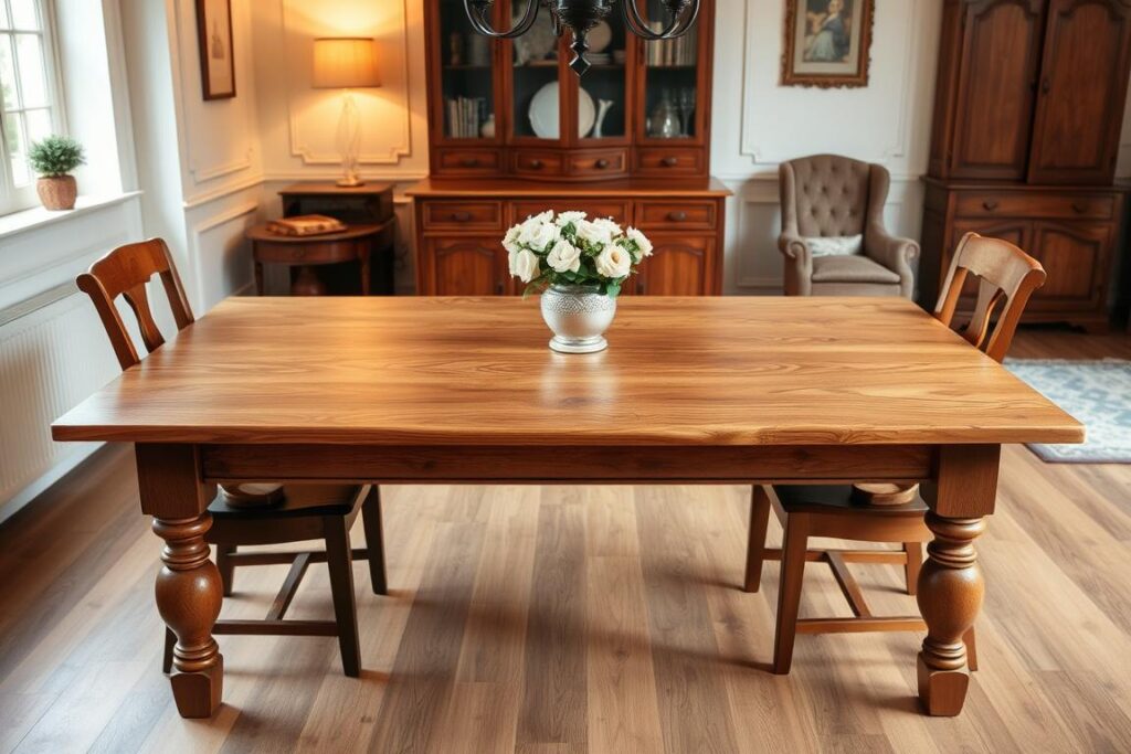Een massief houten eettafel die decennia meegaat in een klassiek interieur Een massief houten eettafel die decennia meegaat in een klassiek interieur