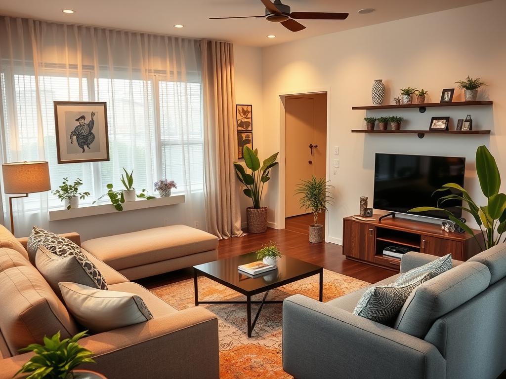 Een modern ingerichte woonkamer met verschillende meubels waarvan de kosten worden besproken Een modern ingerichte woonkamer met verschillende meubels waarvan de kosten worden besproken