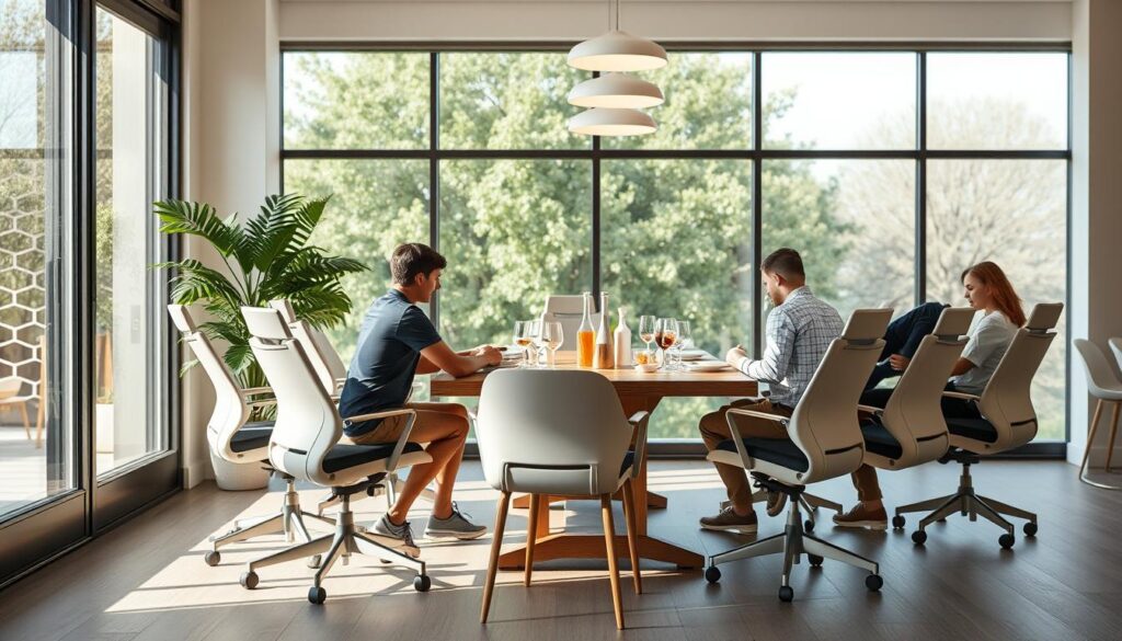 Een moderne eetkamer met ergonomische eetkamerstoelen rond een houten tafel