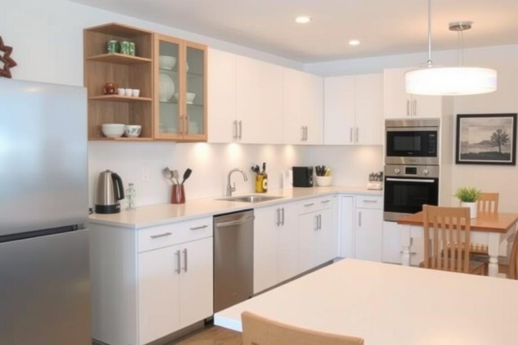 Een moderne keuken met verschillende apparaten en meubels waarvan de kosten worden besproken Een moderne keuken met verschillende apparaten en meubels waarvan de kosten worden besproken