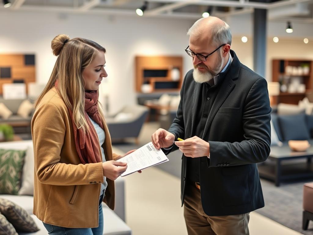 Een persoon die onderhandelt over de prijs van meubels in een winkel, een effectieve strategie om te profiteren wanneer meubels het goedkoopst zijn Een persoon die onderhandelt over de prijs van meubels in een winkel, een effectieve strategie om te profiteren wanneer meubels het goedkoopst zijn
