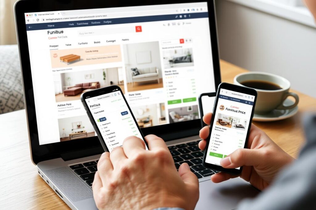 Een persoon die online prijzen van meubels vergelijkt om te ontdekken wanneer meubels het goedkoopst zijn Een persoon die online prijzen van meubels vergelijkt om te ontdekken wanneer meubels het goedkoopst zijn