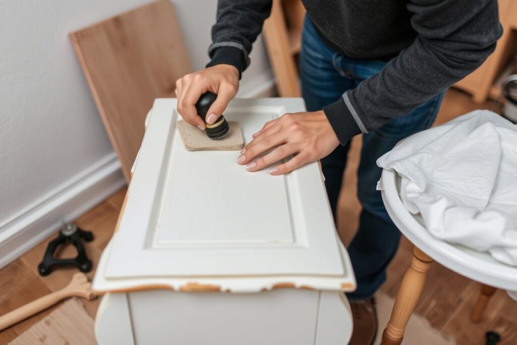 Een persoon die tweedehands meubels opknapt als bespaartip voor het inrichten van een huis Een persoon die tweedehands meubels opknapt als bespaartip voor het inrichten van een huis