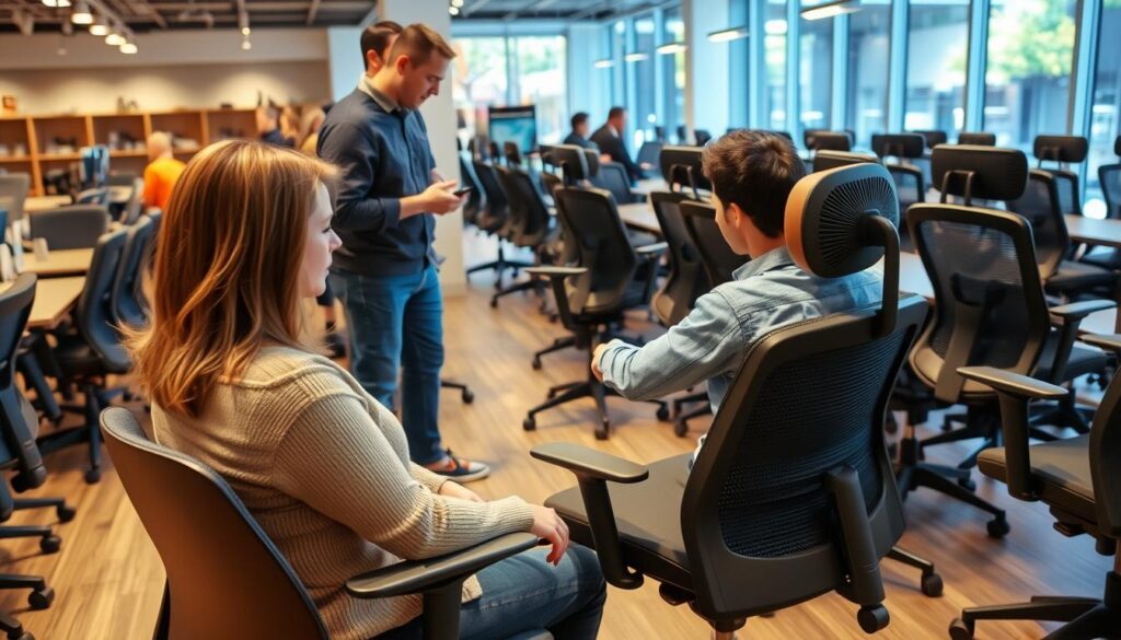 Een persoon die verschillende ergonomische eetkamerstoelen test in een showroom Een persoon die verschillende ergonomische eetkamerstoelen test in een showroom