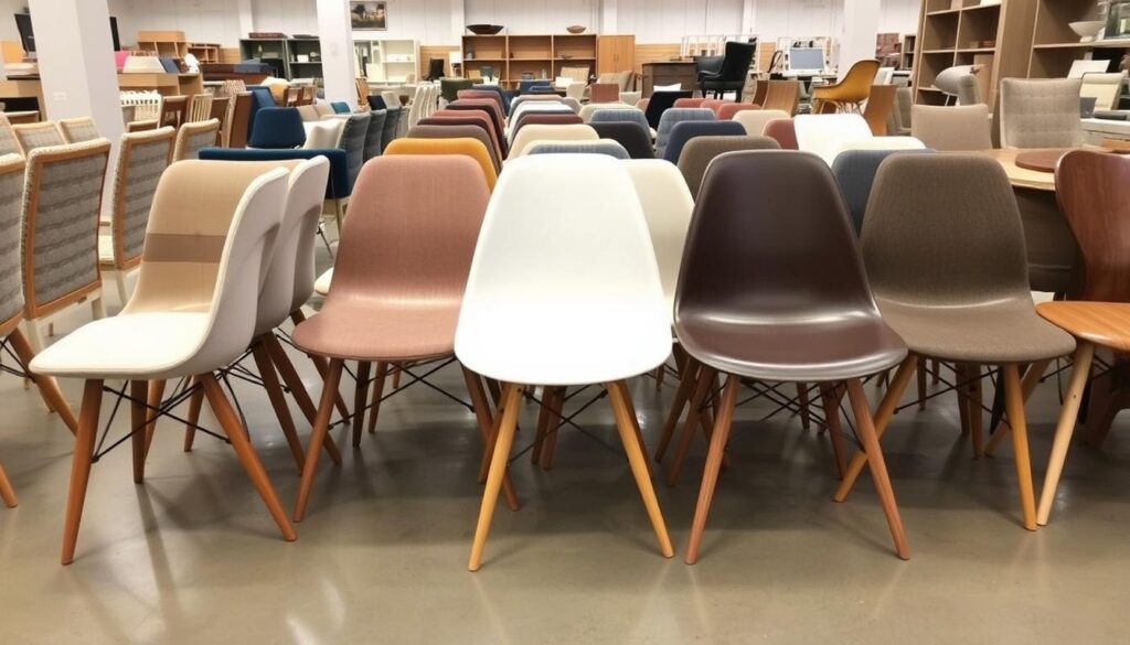 Een showroom met verschillende eetkamerstoelen met houten poten