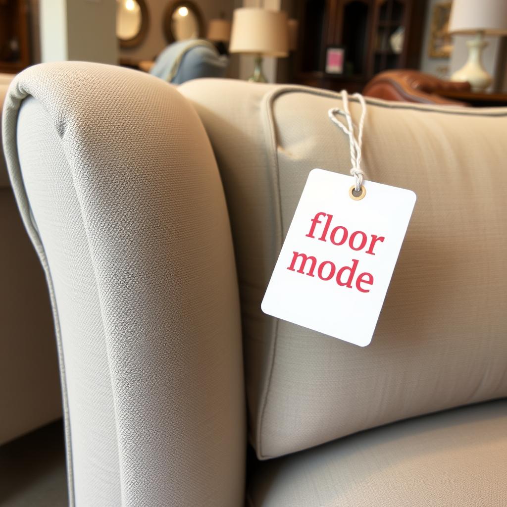 Een showroommodelbank met kortingslabel in een meubelwinkel Een showroommodelbank met kortingslabel in een meubelwinkel