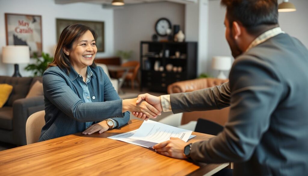 Een tevreden klant die een succesvolle deal heeft gesloten voor nieuwe meubels Een tevreden klant die een succesvolle deal heeft gesloten voor nieuwe meubels