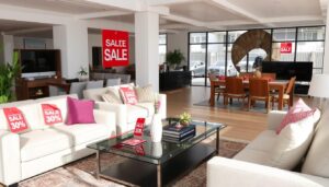 Een woonkamer met afgeprijsde meubels tijdens solden periode