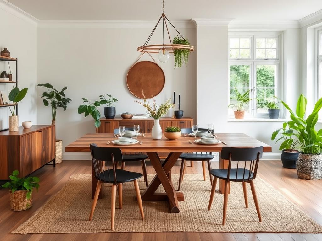 Eetkamer met duurzame materialen en natuurlijke elementen