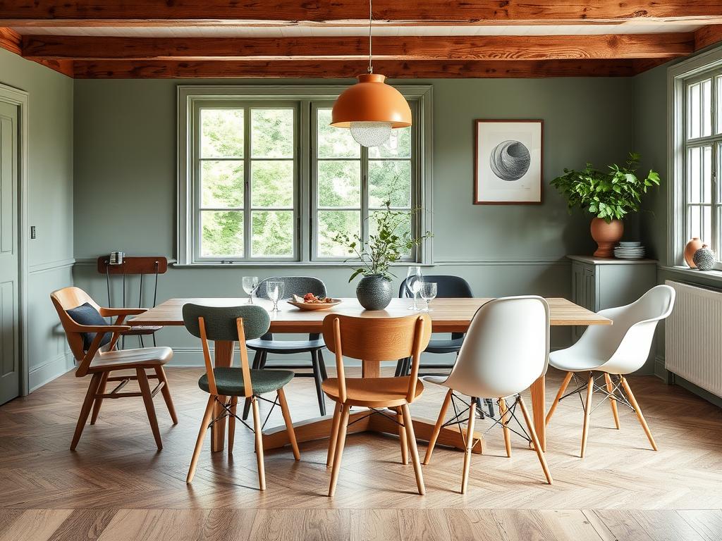 Eetkamer met mix van verschillende stoelen en materialen