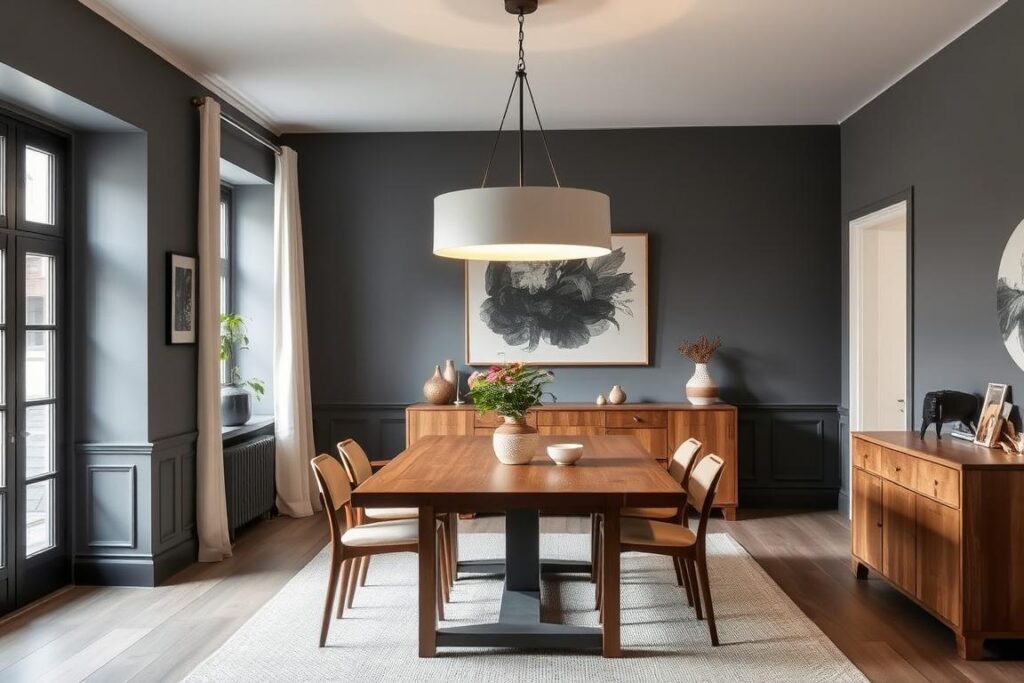 Eetkamer met statement hanglamp boven de tafel