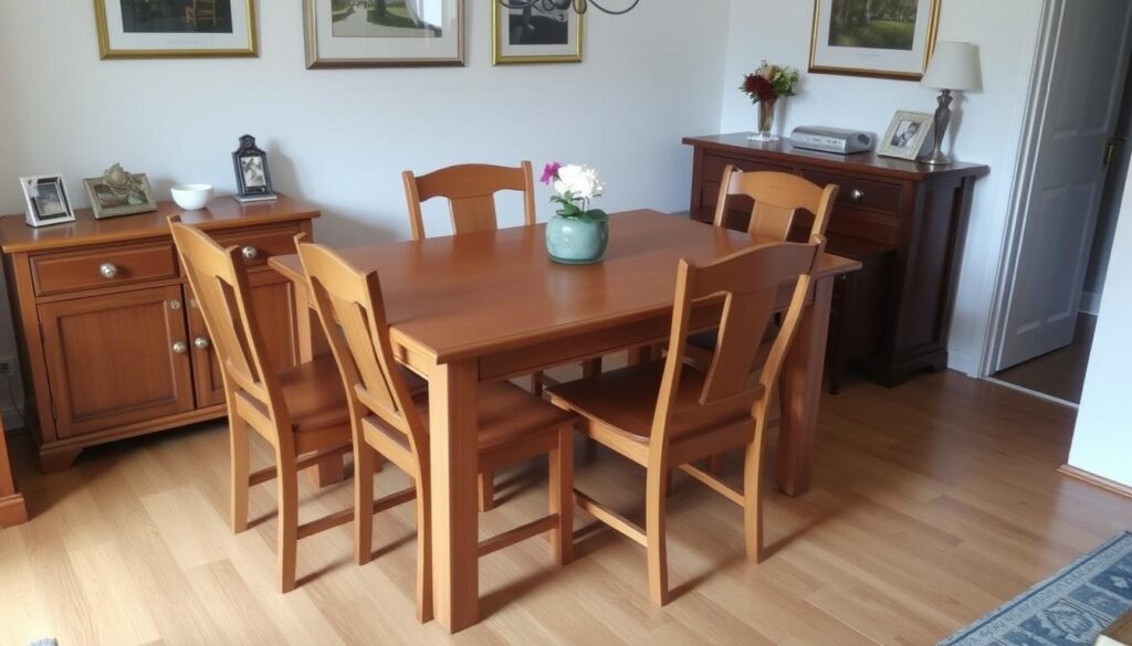 Eetkamer met tafel en stoelen die het gemiddeld uit aan meubels voor deze ruimte illustreert Eetkamer met tafel en stoelen die het gemiddeld uit aan meubels voor deze ruimte illustreert