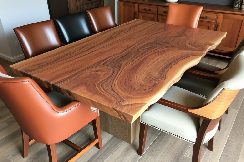 Eetkamerstoelen met verschillende materiaalcombinaties rond een boomstamtafel