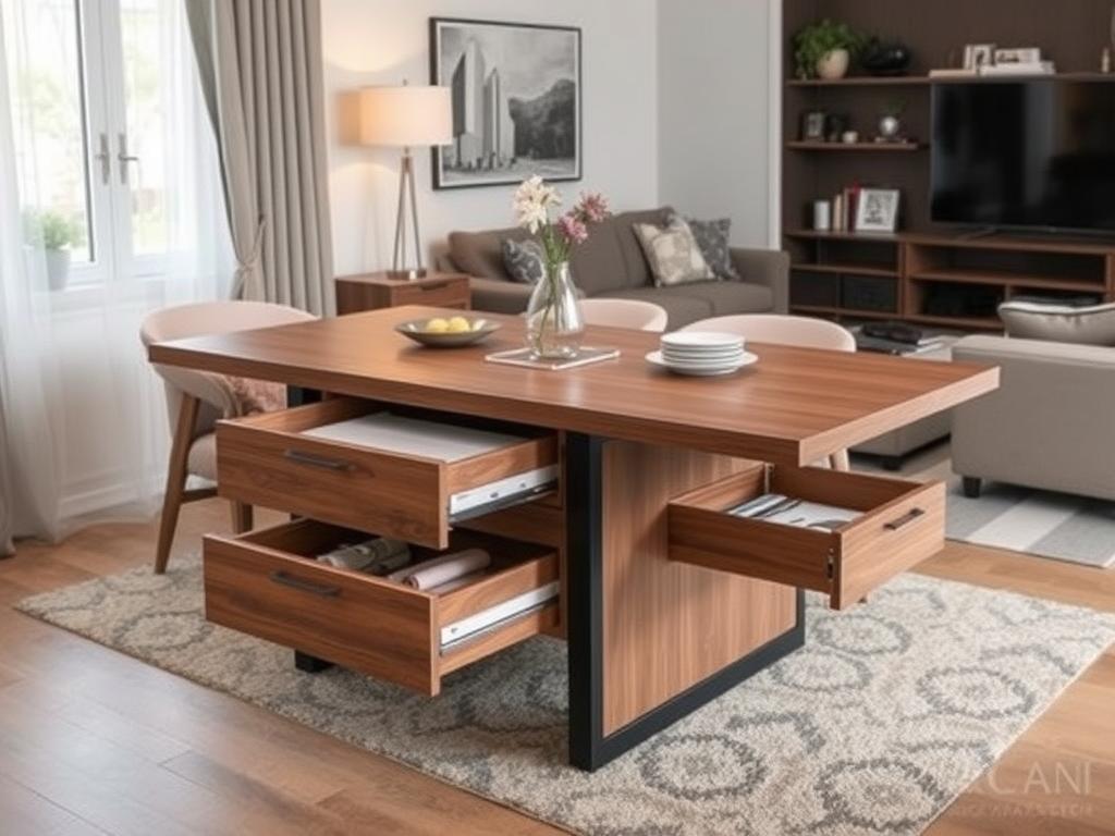 Eettafel met geïntegreerde opbergruimte in kleine woonkamer Eettafel met geïntegreerde opbergruimte in kleine woonkamer