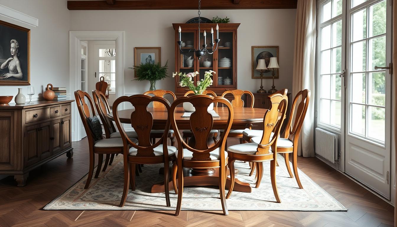 Elegante klassieke eetkamerstoelen rond een houten eettafel in een stijlvol interieur