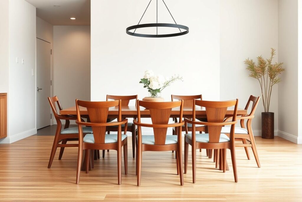 Elegante teakhouten eetkamerstoelen rond een eettafel in een modern interieur Elegante teakhouten eetkamerstoelen rond een eettafel in een modern interieur