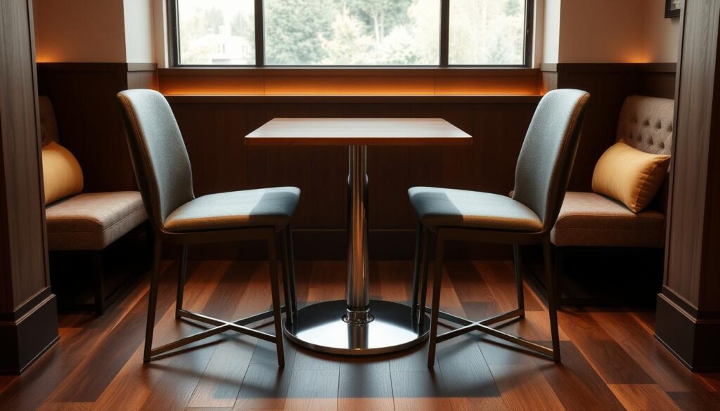 Ergonomisch perfecte eethoek met tafel van 77 cm en passende stoelen Ergonomisch perfecte eethoek met tafel van 77 cm en passende stoelen